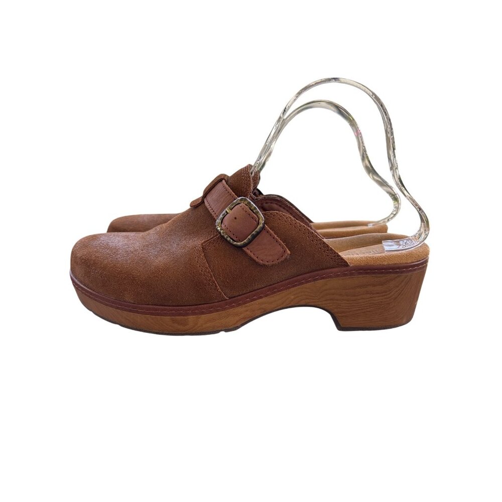 Clarks Collection Paizlee Nora Mules Clogs Size 10 Tan Wood Shoes Boho Suede - Picture 4 of 11